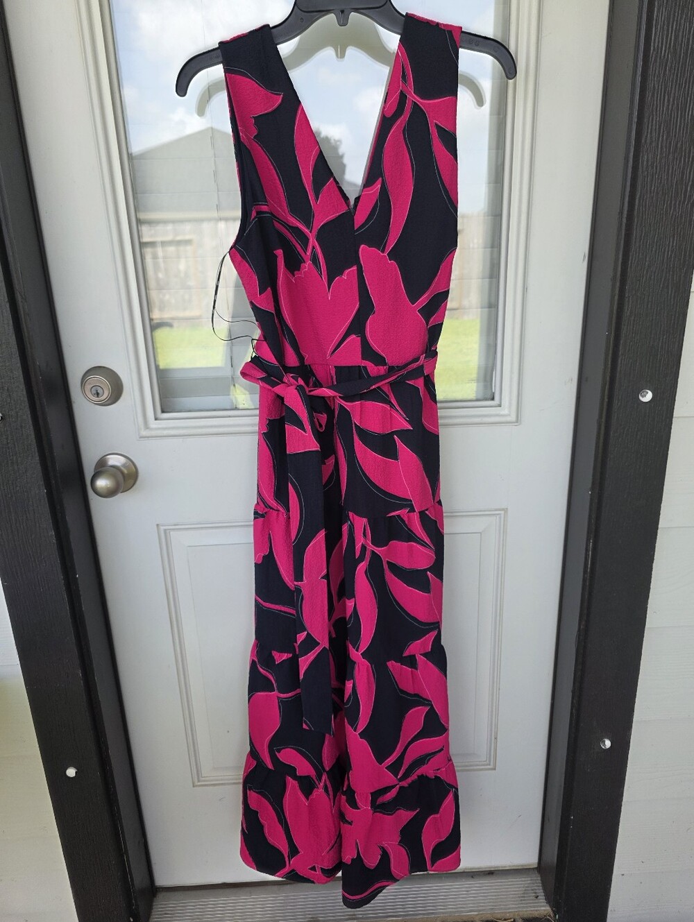 NWT DKNY $134 Pink Navy Floral Sleeveless Belted Maxi Dress Size 10 Wrap V-Neck - Picture 3 of 10